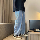 Men Jeans Loose Hong Kong Style Breasted Denim Trousers Straight Wide Leg Pants